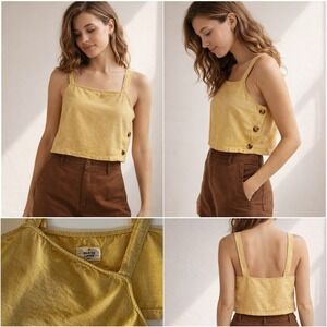 Marine Layer Andi Linen Cropped Tank Top S Honeycomb Butter Yellow Square Neck